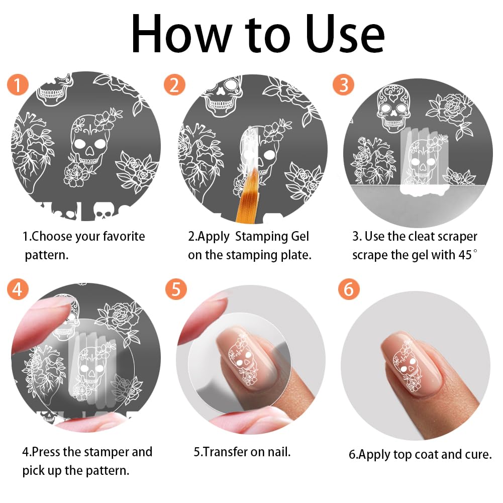 PH PandaHall 3 pz Timbro per Unghie con Teschio Gotico, 58 Modelli Scheletro Orrore Fiore Piastra per Stampaggio Unghie per Nail Design Stampa Manicure Salone Halloween