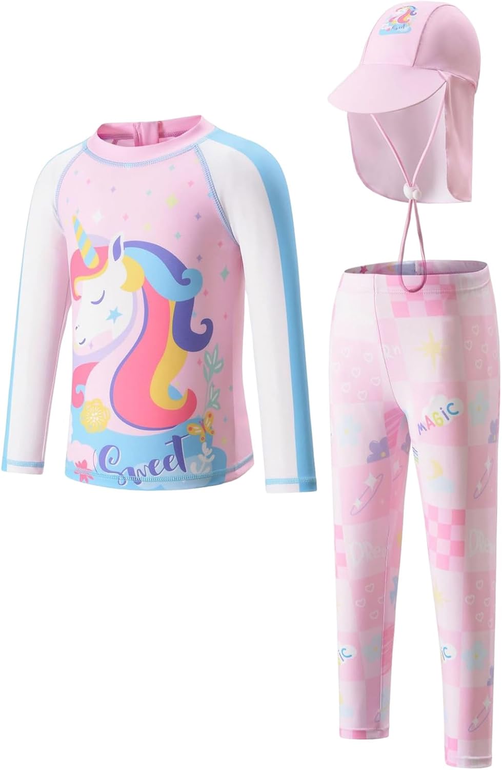 Girls Bikini Set 3 Piece Long Sleeves Long Pants Swimsuit Set with Hat Bathing Suit for Kids
