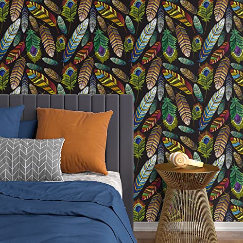 Varypaper 17.7"X78.7" Vintage Colorful Feather Wallpaper Bird Peacock Feather Wall Mural Self Adhesive Removable Peel And Stick Wallpaper For Bedroom Bathroom Decorative Contact Paper For Cabinets #TOP2
