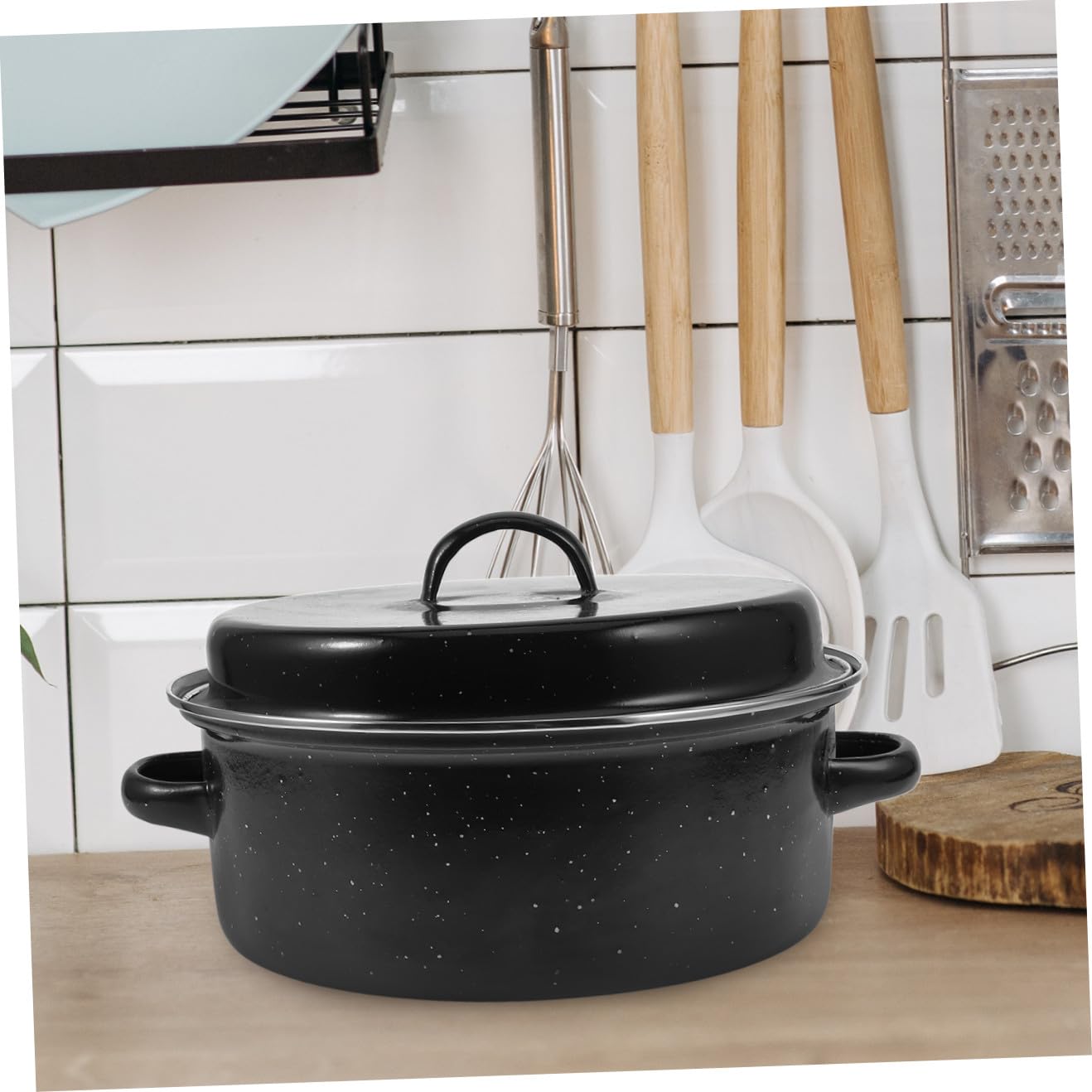 Bräter und Bratform mit Deckel aus Eisen Emaillierter als Kartoffeltopf Schwarzer Verschleißfester Boden zum Kochen für Backofen