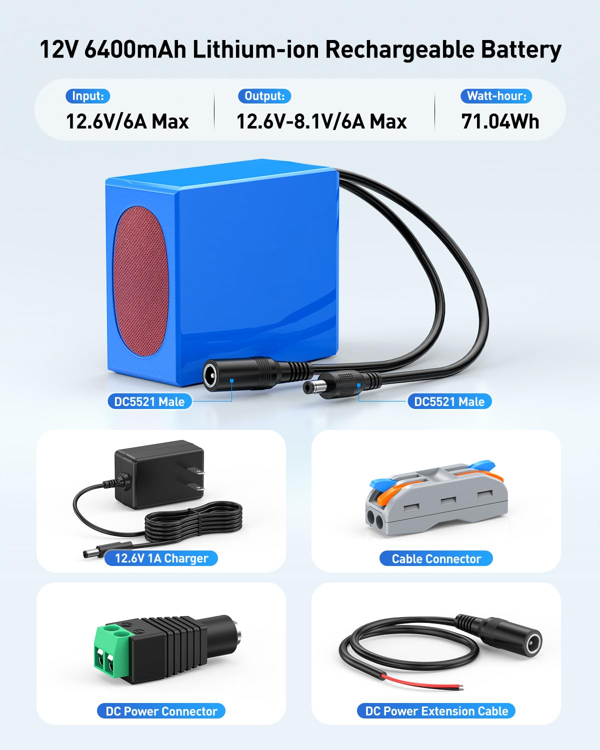 Batería recargable de iones de litio de 12 V 6400 mAh con cargador, cables desnudos, paquete de batería de 12 V DC5521 puerto para tira LED, router, radio, cámara CCTV, proyecto de bricolaje, panel