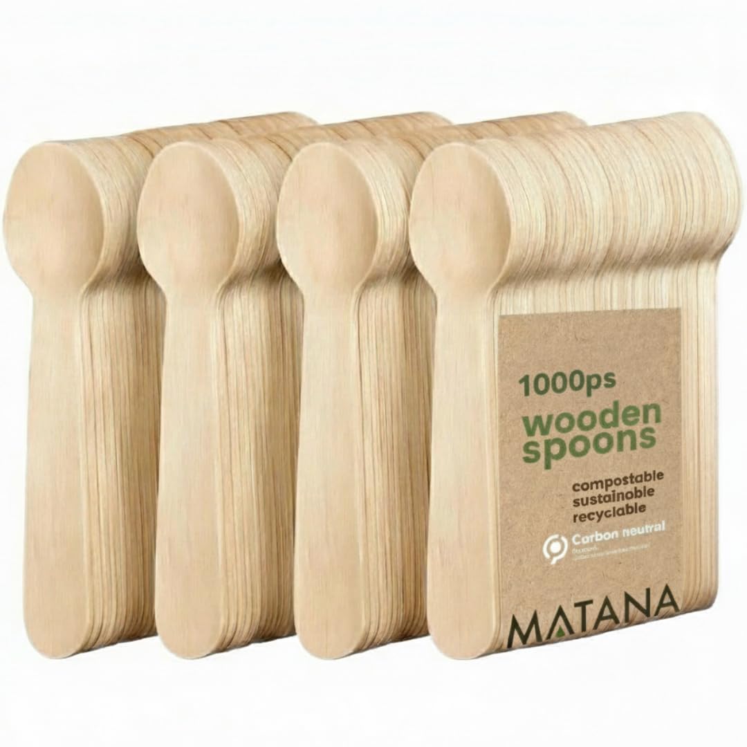 MATANA 1000 Premium Wooden Spoons - 16 cm Eco-Friendly, Birch Wood, Smooth & Splinter-Free, Plastic-Free Party Cutlery for BBQs, Picnics, Weddings & Catering - Compostable and Biodegradable