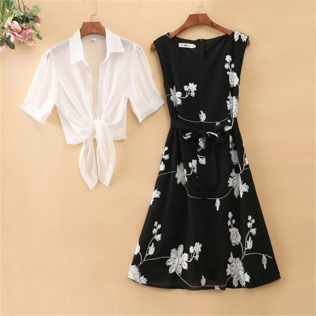 Women's High Waist Sleeveless A-Line Skirt Floral Embroidery Top Belt Two-Piece Suit