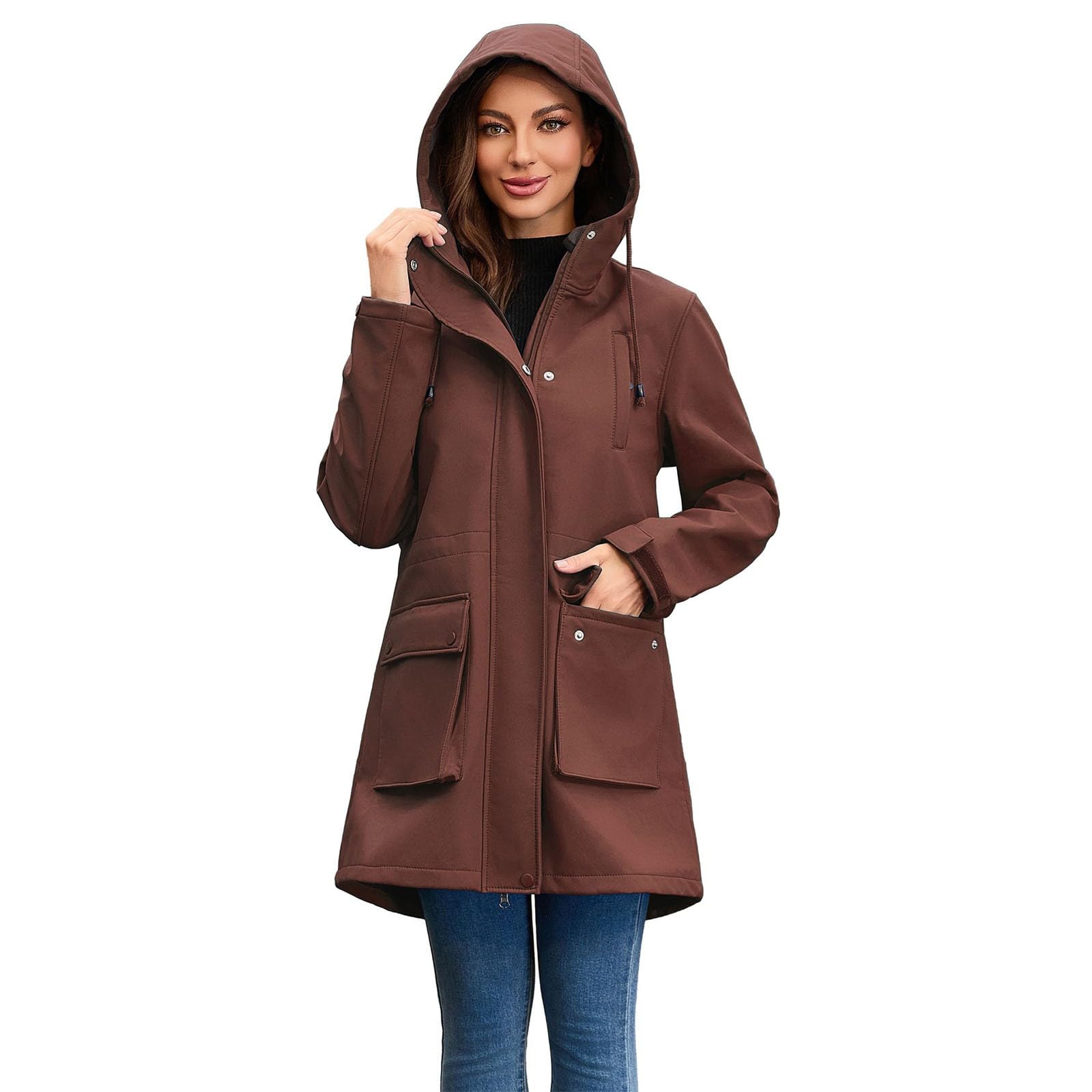 Generisch Giacca impermeabile da donna in softshell con cappuccio, per escursioni e tempo libero, ideale per primavera e autunno, versatile giacca a vento di media lunghezza per ogni avventura