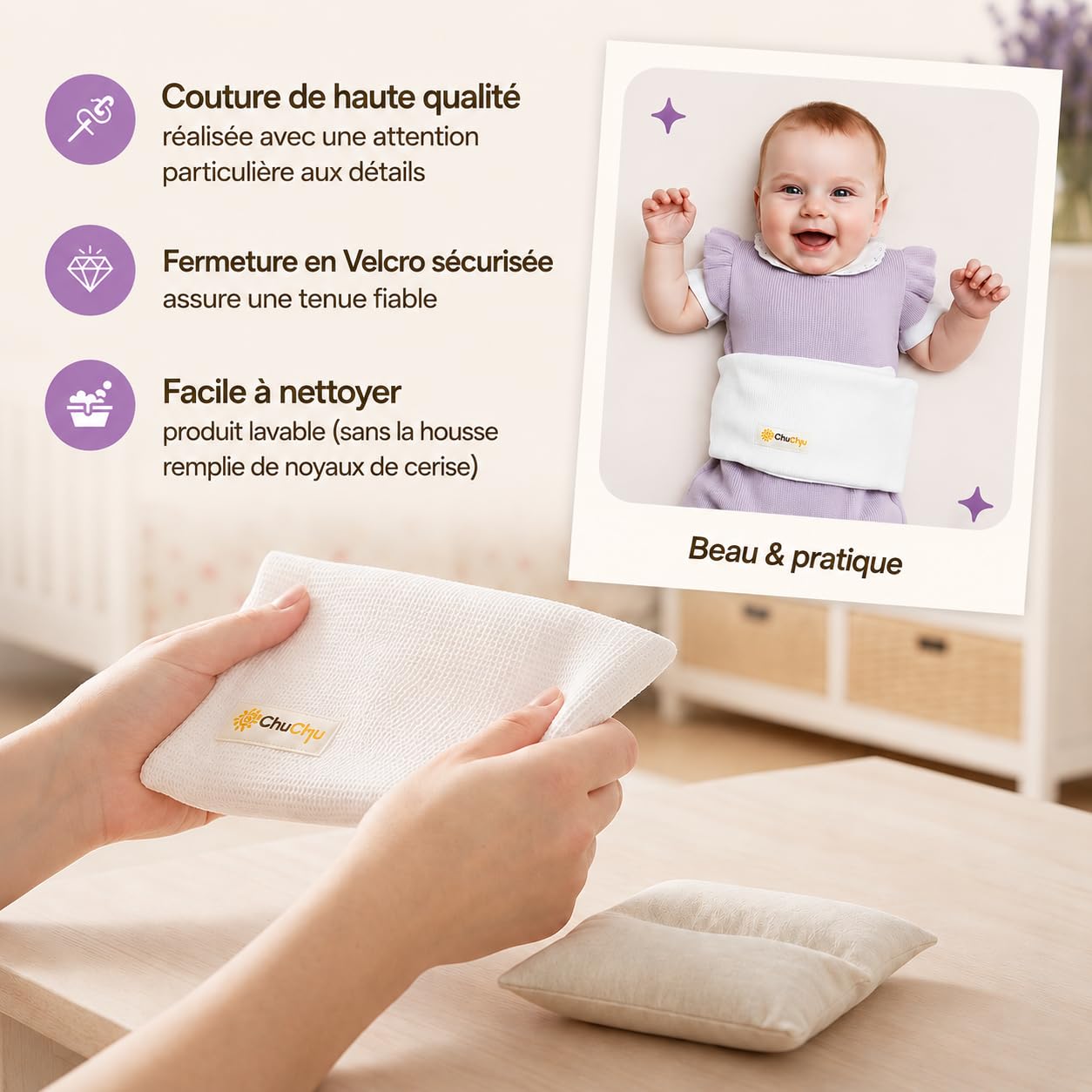 Ceinture Chauffante Bébé Anti-Coliques – Bouillotte aux Noyaux de Cerise pour Nouveau-Né, Soulage Gaz, Ballonnements et Douleurs Abdominales – Coussin Chauffant Micro-Ondes 100% Coton