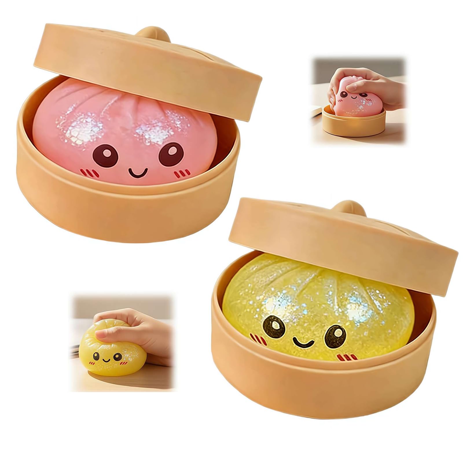 2Pcs Glitter Dumpling Squishies, Glitter Dumpling Squish-y Box, Sparkling Maltose Stress Ball for Anxiety Relief | Soft Fidget Sensory Toy for Kids & Adults, Mystery Shimmering Bun