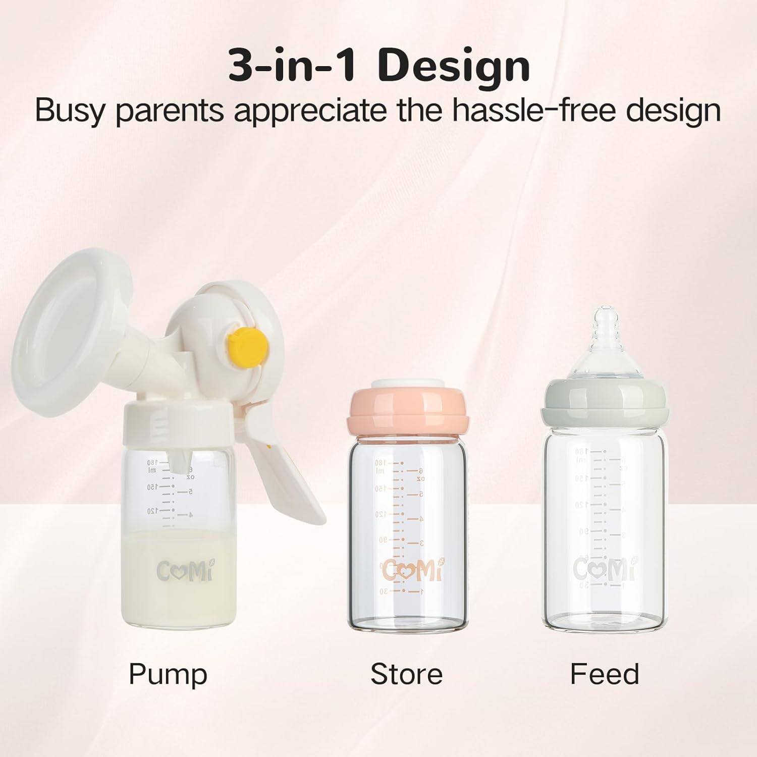 COMI Natural Glass Baby Bottle,Breastmilk Storage Bottle for Fridge,Wide Neck Breast Milk Container with Dome Cap,Fits Breast Pumps & Nipples,BPA Free,4PCS (6oz,4 Gray Lids)