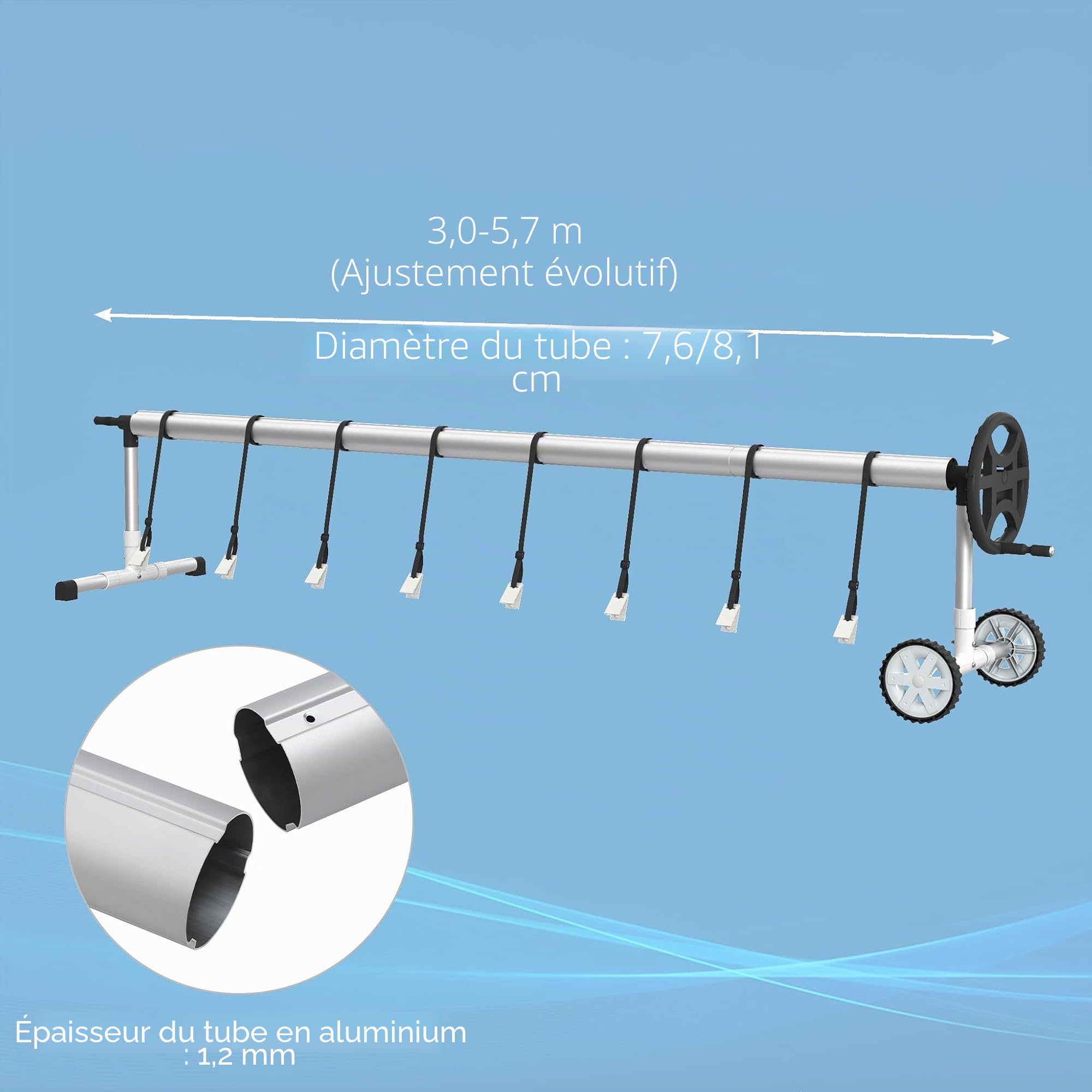 Froadp Enrouleur de piscine 300-570 cm Enrouleur de film de piscine en aluminium Systèmes d'enroulement Bâche de piscine Résistant aux intempéries Pour bâche solaire et bâches de piscine