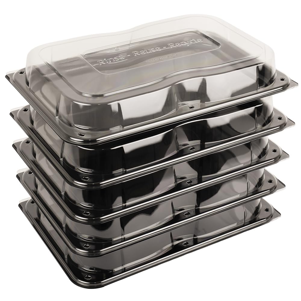 Delisupplies Clear Lid Black Base 5 X Ultimate Large Sandwich Platter With Lid, Unique Press Stud Secure Closing, Rectangle Food, Cake, Tray Set Black Base Clear Lid Serving Platters For Buffet, Catering, 460 X 310Mm
