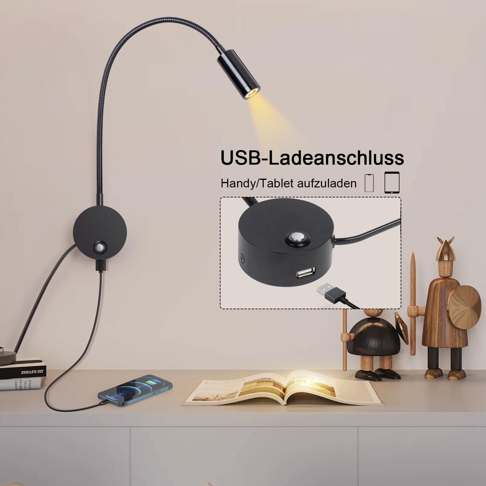 ERWEY 2pcs Applique murale LED, liseuse de chevet avec interrupteur, port de charge USB, 3W liseuse de lit pivotante à 360° avec prise et câble pour chambre, 3000-6000K, Noir
