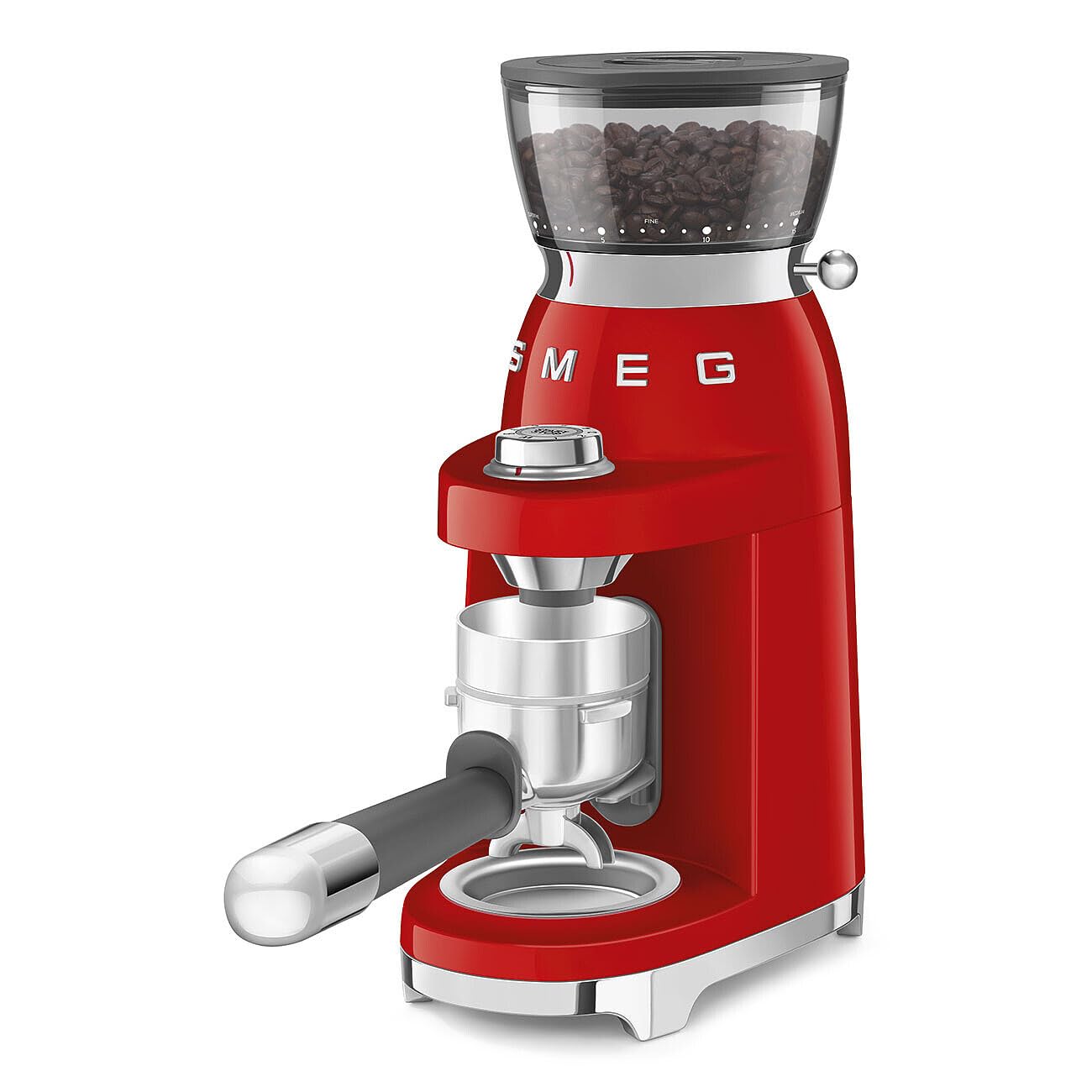 Smeg, Molinillo de café CGF03RDEU, 15 niveles de molienda, recipiente de granos de café de 240 g, molienda ajustable, con sistema antiestático, 150 W, color rojo