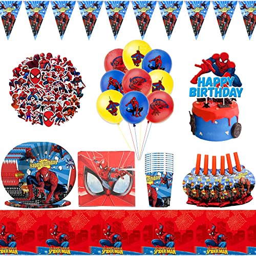Lemotoy Ensemble de Vaisselle de Fête Spiderman, 102PCS Spiderman Fêtes Supplies, Spiderman Ballon, Decoration Anniversaire Spiderman, y Compris Assiettes, Tasses, Serviettes, Bannières, Nappe Cover
