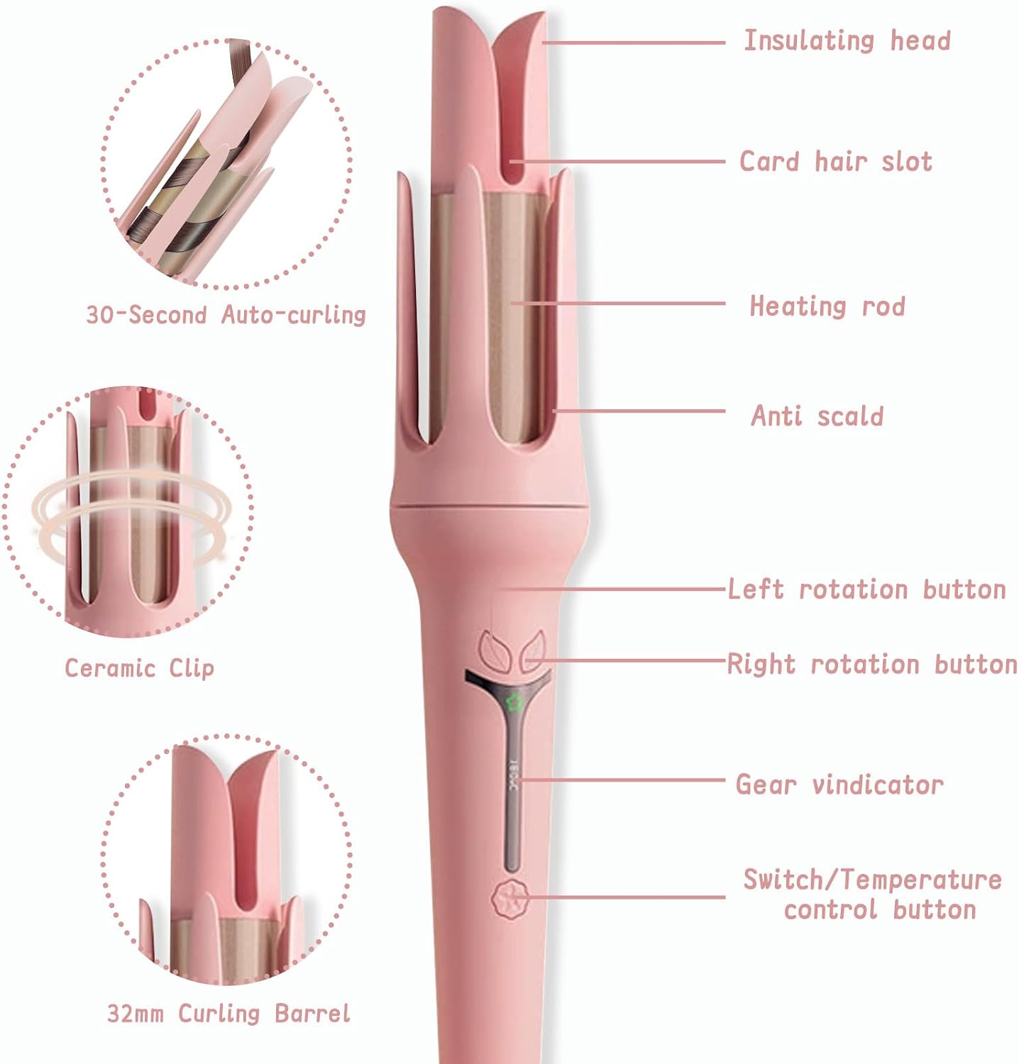 Automatic Curling Iron, Hair Curler Wand with 3 Temp& LCD Display, Fast Heating Ceramic Hair Curler, Automatic Shut-Off, Anti-Scald, Anti-Tangle Rotating Curling Iron for Hair Styling (Pink)