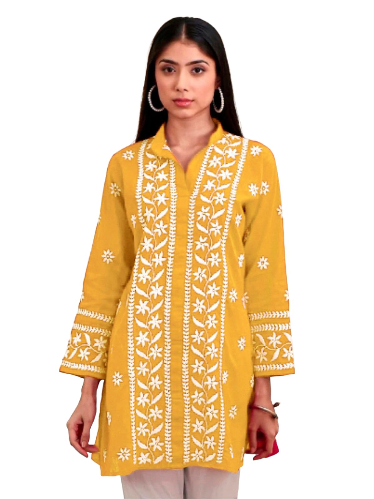 Sanisa Women's Rayon Chikankari Embroidered Short Kurti (478K271N-L_Yellow)