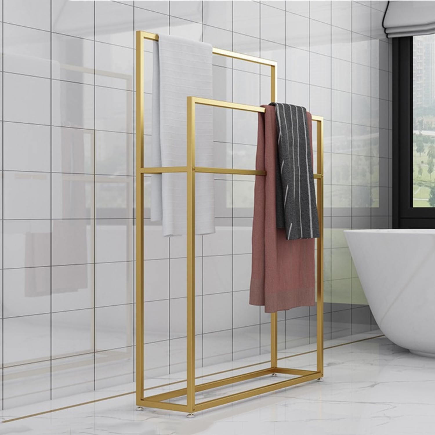 Porta Toallas Baño de Pie, Toallero Independiente Dorado, Soporte para Toallas con 2 Barras, Alto Escalera Toallero de Metal para Toallas, Mantas, Salidas (Gold, 75x20x110 cm)