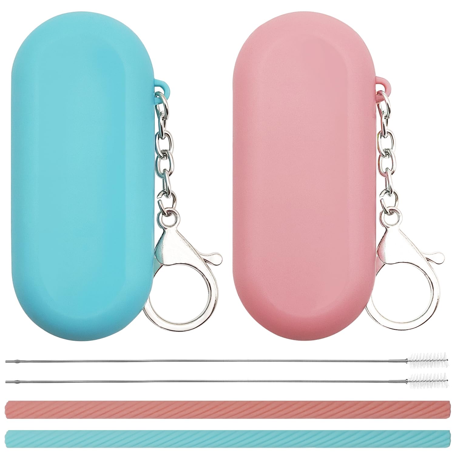 2 Set Silicone Straws with Case, Reusable Silicone Straws, Foldable Portable Drinking Straws + Straws Deep Cleaning Brush + Carry Case with Keychain, for Travel & Party Cold or Hot Straw (Pink & Blue)