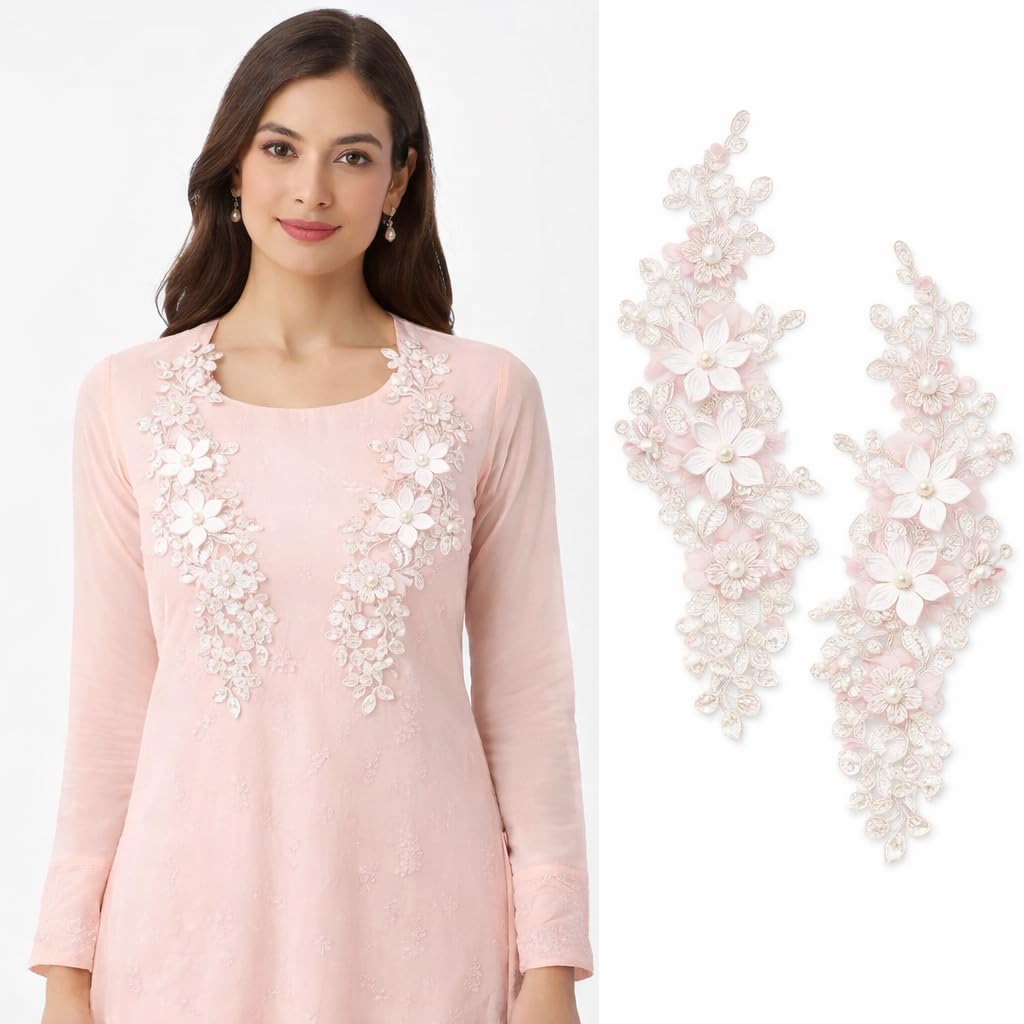 S.A.V.I Luxury Blush Pink Floral Embroidered Applique Pair 12x30 cm | 3D Lace Pearl Beaded Net Fabric Neckline Motif for Women’s Kurtis, Gowns & Bridal Wear (Pink Flowers)-image-42