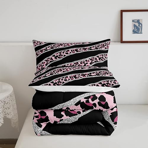 Miniatura 5 de Erosebridal Juego de edredón con estampado de guepardo, juego de ropa de cama de leopardo rosa para niños, juegos de ropa de cama y colecciones de