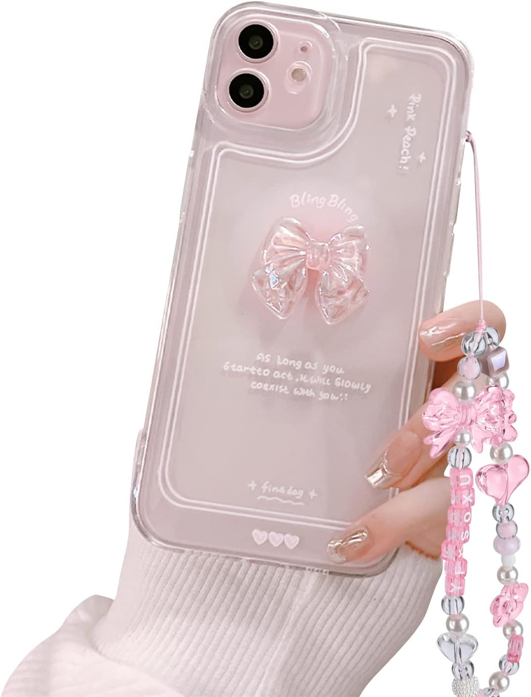 Ownest Compatible with iPhone 11 Case, Cute 3D Pink Bowknot Slim Clear Aesthetic Design Women Girls Glitter Sparkly Protective Phone Cases for iPhone 11 + Crystal Chain