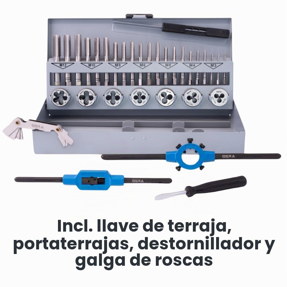 Juego de herramientas para roscar HSSG métrica | M3-M12 | 32 piezas | machos, terrajas y porteherramientas