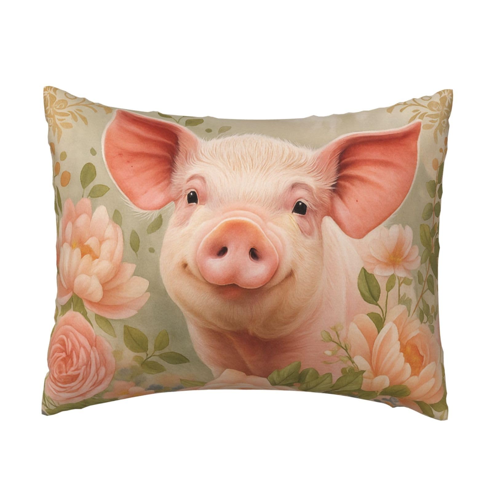 Pig with Flower Pillowcase Soft Plush with Zipper Decorative Pillowcovers 16x20 in