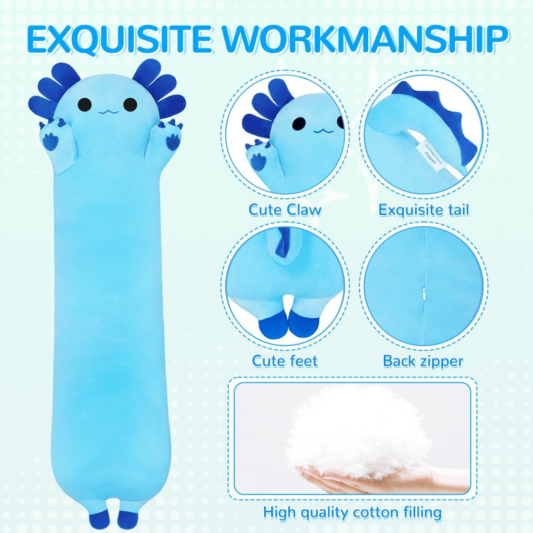 Plush Axolotl Toy Stuffed Animal Long Axolotl Toy Pillow Body Pillow Gift for Kids and Girls (Blue,90cm/35.4in) - Image 4
