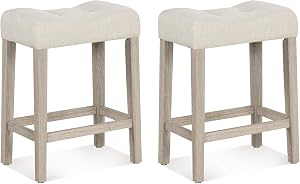 Giantex 24" Bar Stools Set of 2, Upholstered Counter Height Saddle Bar Stools with Footrest and Wood Legs, Farmhouse Button Tufted Backless Barstools for Kitchen Island, Dining Room, Cafe, Beige
