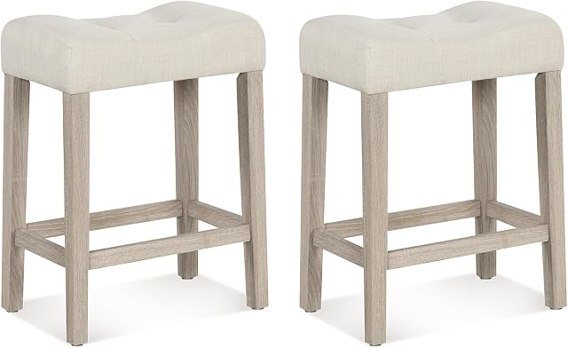 Giantex 24" Bar Stools Set of 2, Upholstered Counter Height Saddle Bar Stools with Footrest and Wood Legs, Farmhouse Button Tufted Backless Barstools for Kitchen Island, Dining Room, Cafe, Beige