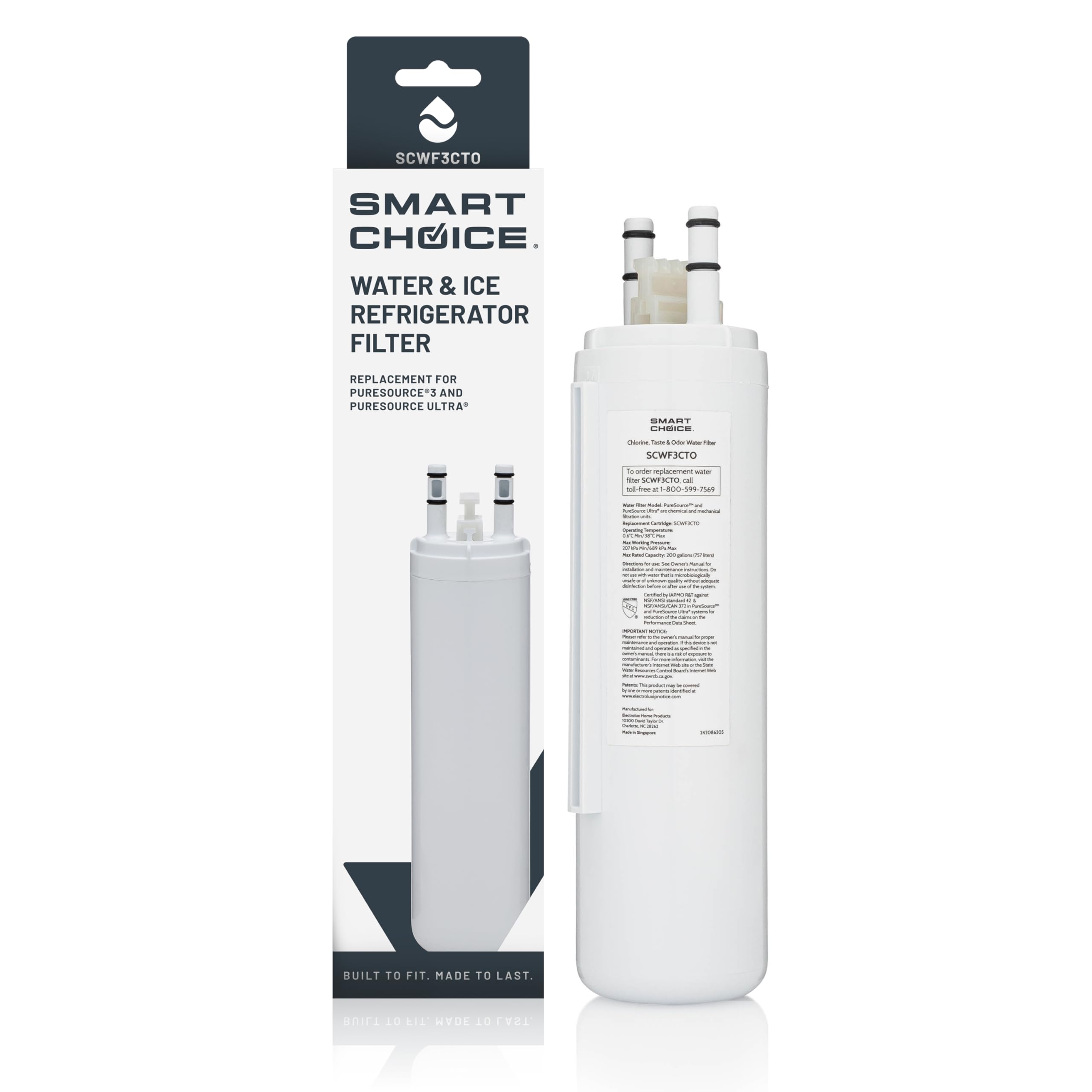 Smart Choice SCWF3CTO Refrigerator Water & Ice Filter, Genuine Replacement for Frigidaire ULTRAWF PureSource Ultra and Frigidaire WF3CB PureSource | Fridge.com
