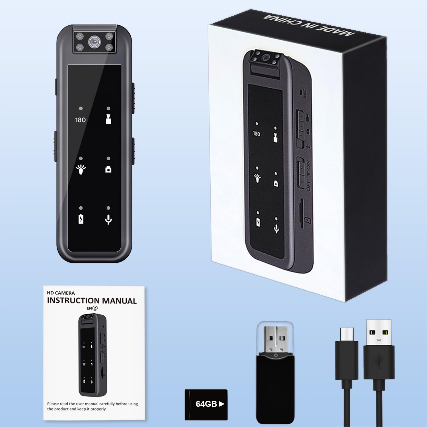 Body Cam Objectif Rotatif Caméra Espion 180° 64G avec Vidéo et Audio HD 1080P Mini Camera à Vision Nocturne Camera Portable Enregistrement Vidéo & Audio - pour Extérieur, Police, Vélo