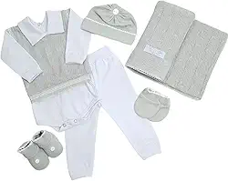 Saida Maternidade Completa Recem Nascido Menino Menina 7 Peças Sanches Baby (Cinza com Branco)