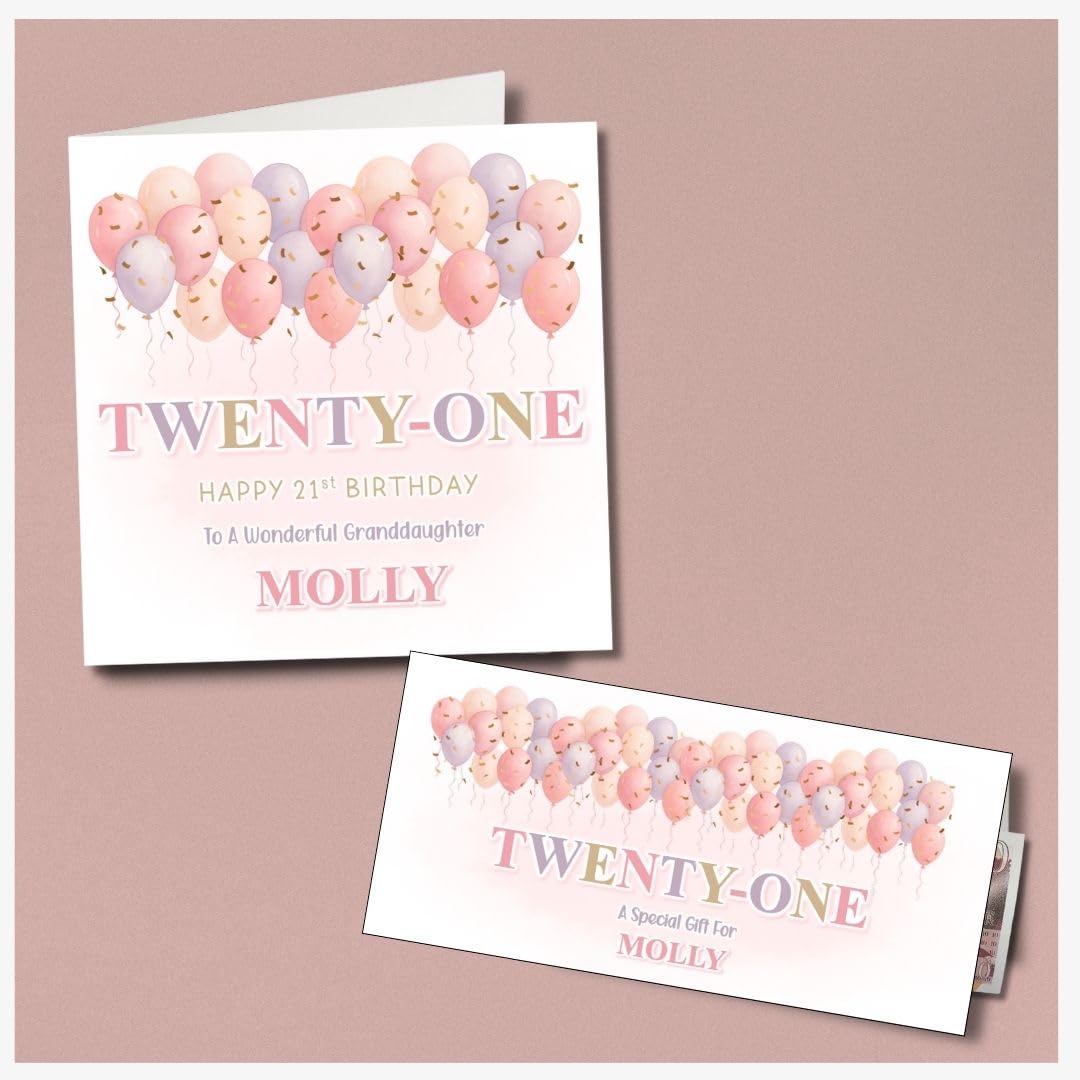 All Things Personal, 21st Birthday Card for Her Personalised Pink Design for Daughter Sister Niece Granddaughter or Goddaughter Optional Matching Badge & Money Wallet Set (Large Card & Money Wallet)