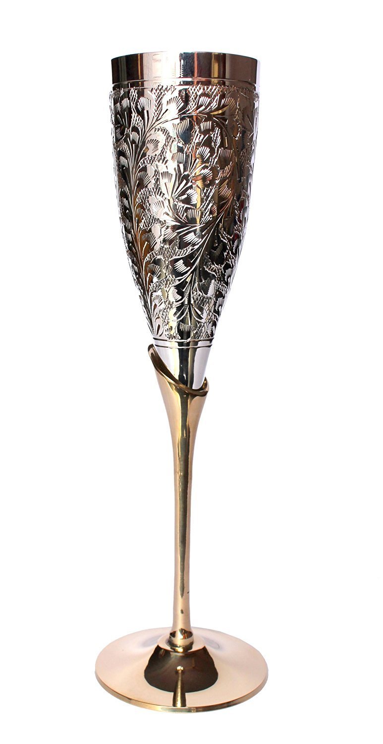 StonKraft Engraved Brass Goblet Champagne Glasses Flutes Coupes Wine Glass Set (Slender) 2