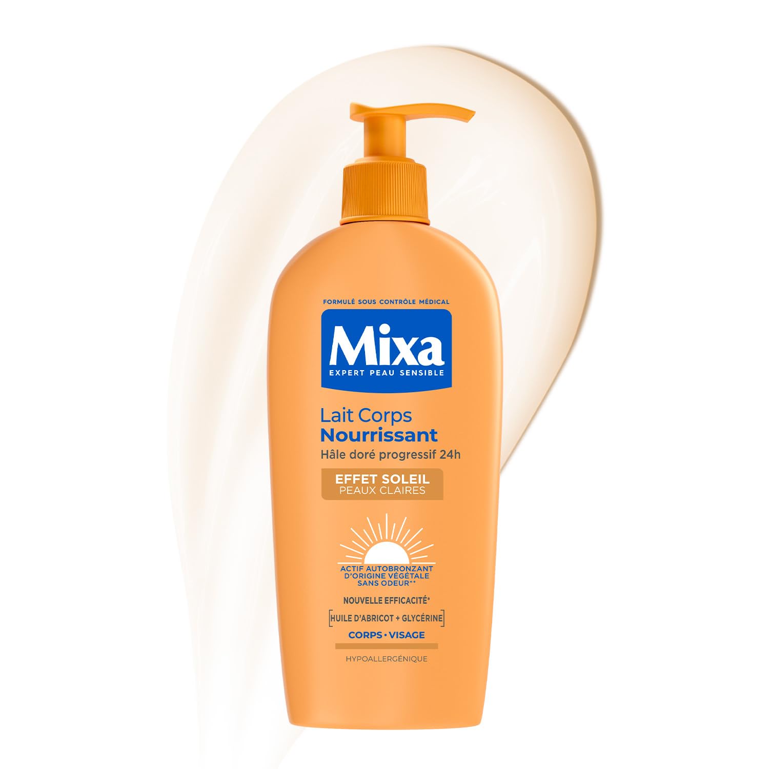 MIXA - Autobronzant - Lait Corps Nourrissant Effet Soleil - Hâle Doré Progressif 24H - Beurre de Karité & Huile d’Abricot - Peaux Claires - 250ml PEAU CLAIRE