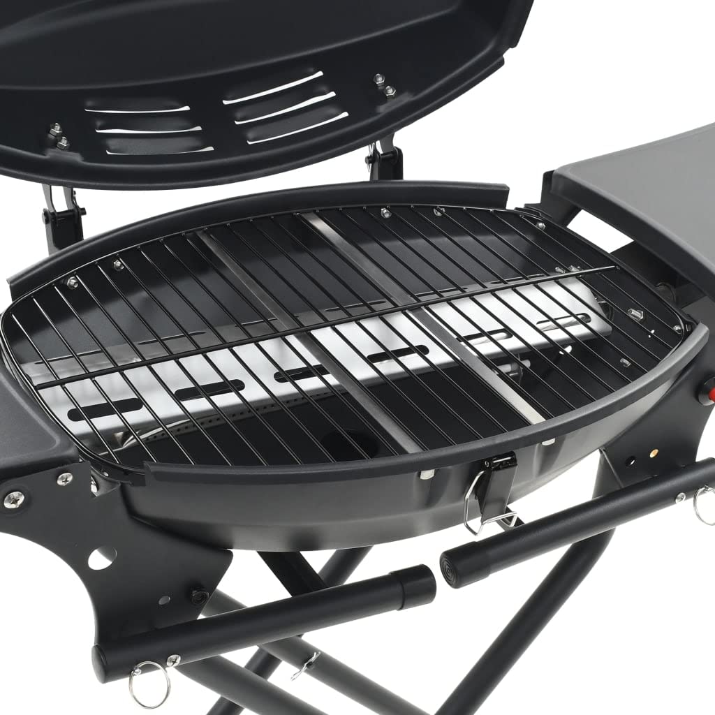 Przenośny grill gazowy, czarny, ze strefą gotowania, stal malowana proszkowo, 103 x 47 x 97 cm, powierzchnia grillowania 0,15 m², zapłon piezoelektryczny, składane półki, 2 rolki na taras