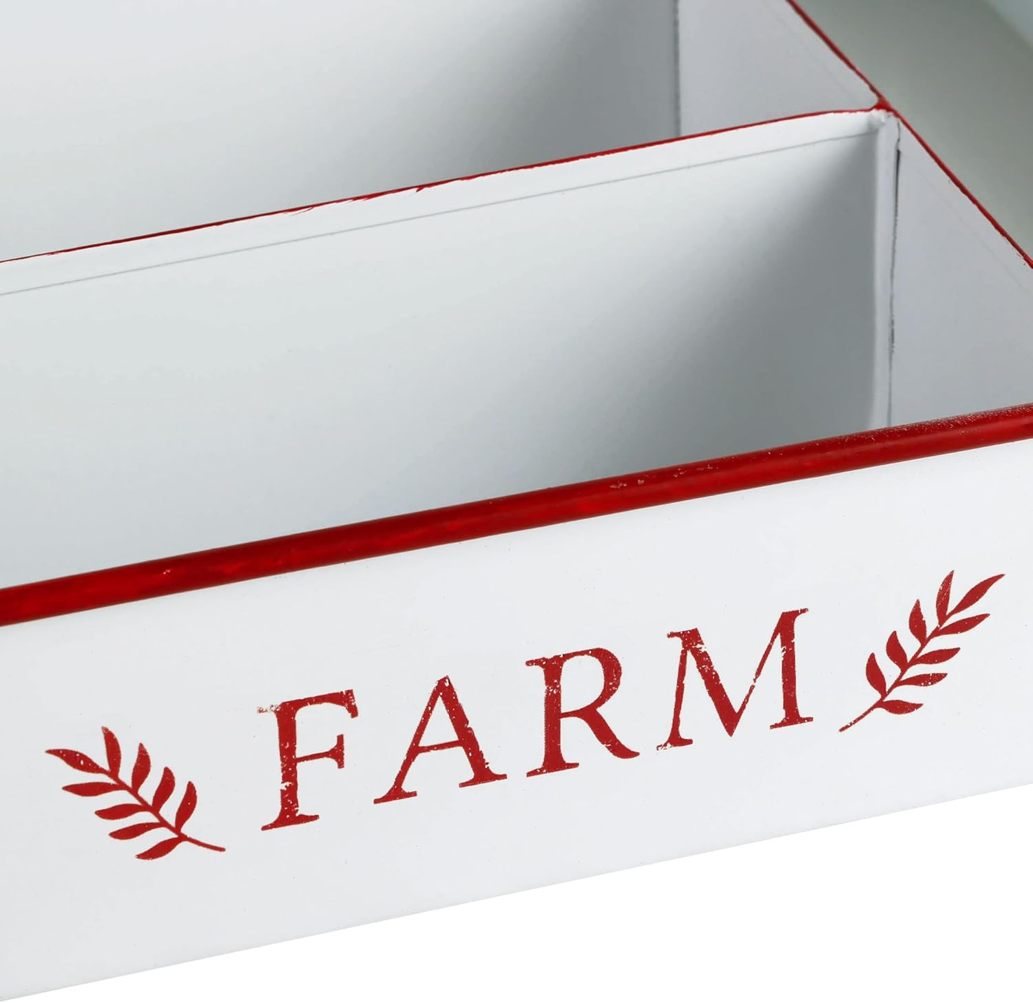 Silverware Drawer Organizer Tray with 4 Slots Farmhouse Kitchen Cutlery Tray for Utensils, Spoons, Knives, Forks, Metal Flatware Holder White with Red Trim