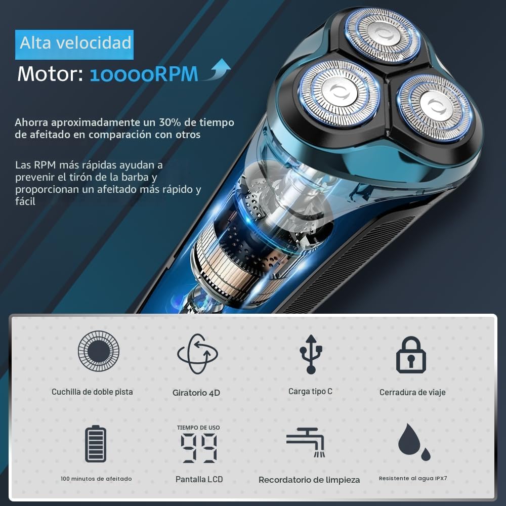 Máquina de Afeitar Barba [2026 New] Afeitadora Eléctrica Hombre con recortadora, Cabezal flexible 360º, 120 min de uso, En Seco y Húmedo, USB-C Recargable, Azul