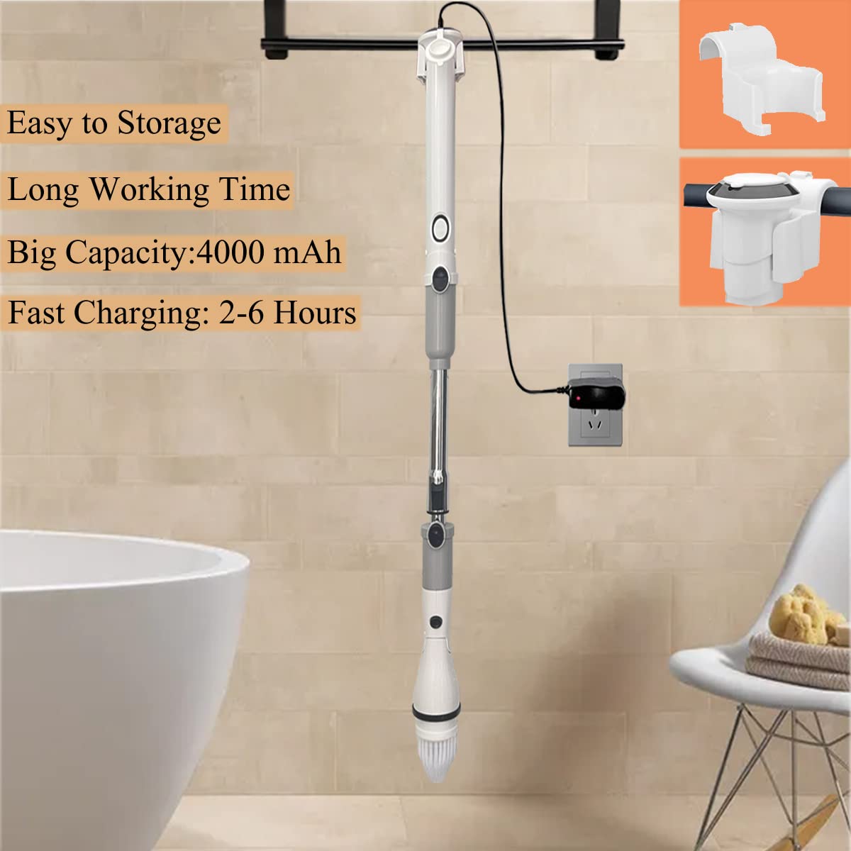 Electric Srubber for Cleaning, Cordless Cleaning Brush with 4 Replaceable Brush Heads and Adjustable Extension Handle, Power Cleaning Brush for Bathroom Floor Tile Tub Corner (Gray)