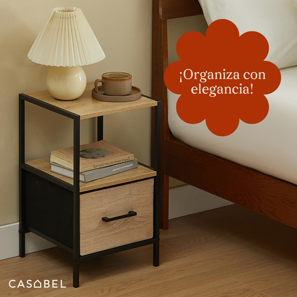 CASABEL Mesita de Noche con cajón de Tela rígida Efecto Madera, Tablero de Madera y Estructura metálica Negra 30x30x50 cm, mesilla de Noche para Dormitorio o Mesa Auxiliar de sofá