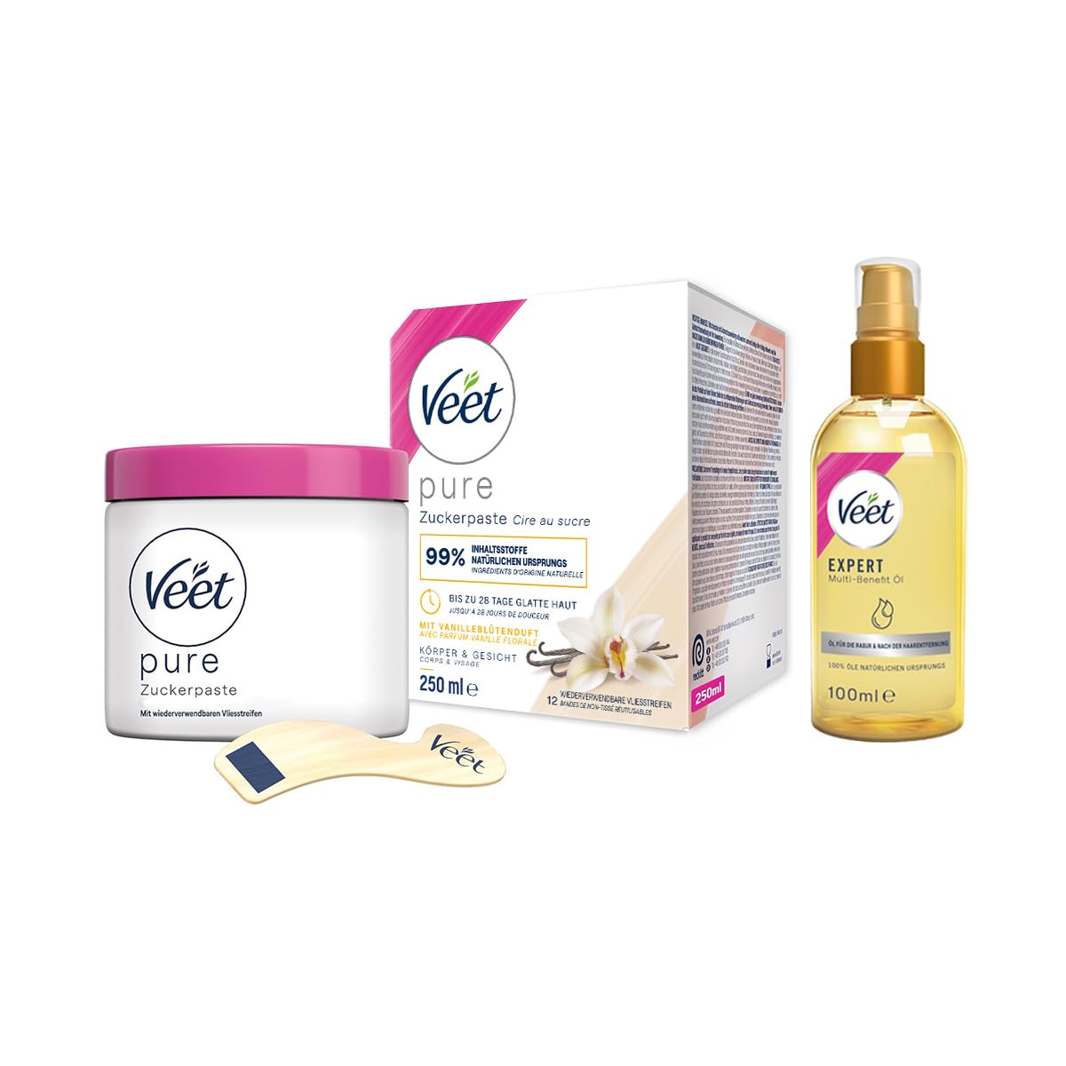 Veet Sugaring Zuckerpaste mit Vanilleblütenduft für die Haarentfernung an Körper & Gesicht (250ml) + Körperöl für die Rasur & nach der Haarentfernung (100ml)