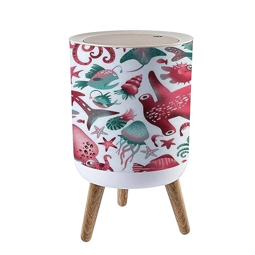 Bote de basura pequeño con tapa sin costuras de la vida marina en un pulpo aislado blanco Stingray cubo de reciclaje redondo a prueba de perros,