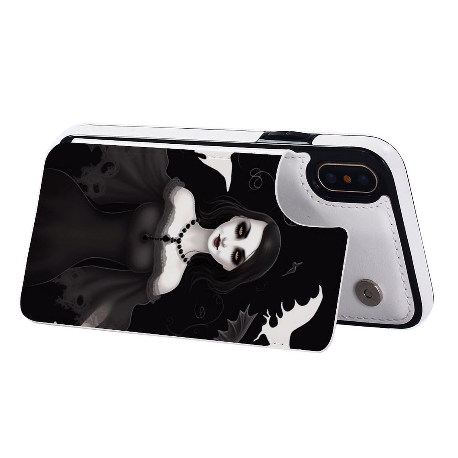 Etui portfelowe na iPhone'a X/XS, Halloween gotyckie nadruki skórzane etui na telefon z klapką z przegródkami na karty
