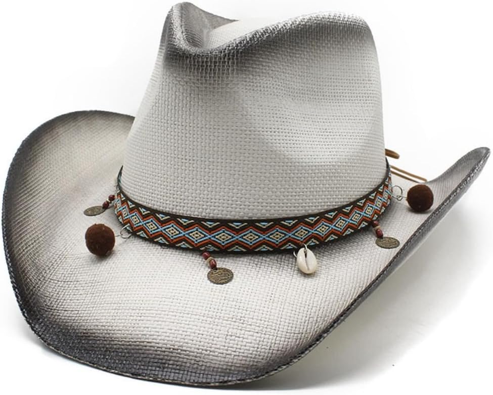 Western Cowboy Hat with Tribal Band, Shell Charms and Pom Poms, Gray Ombre