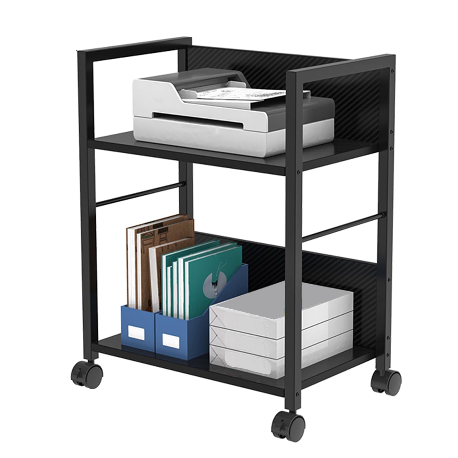 Soporte para Impresora Negro con Estante de Almacenamiento de Fibra de Carbono de 2 Niveles y separadores, Carrito metálico móvil con Ruedas para fax, escáner, Archivos y reproduct