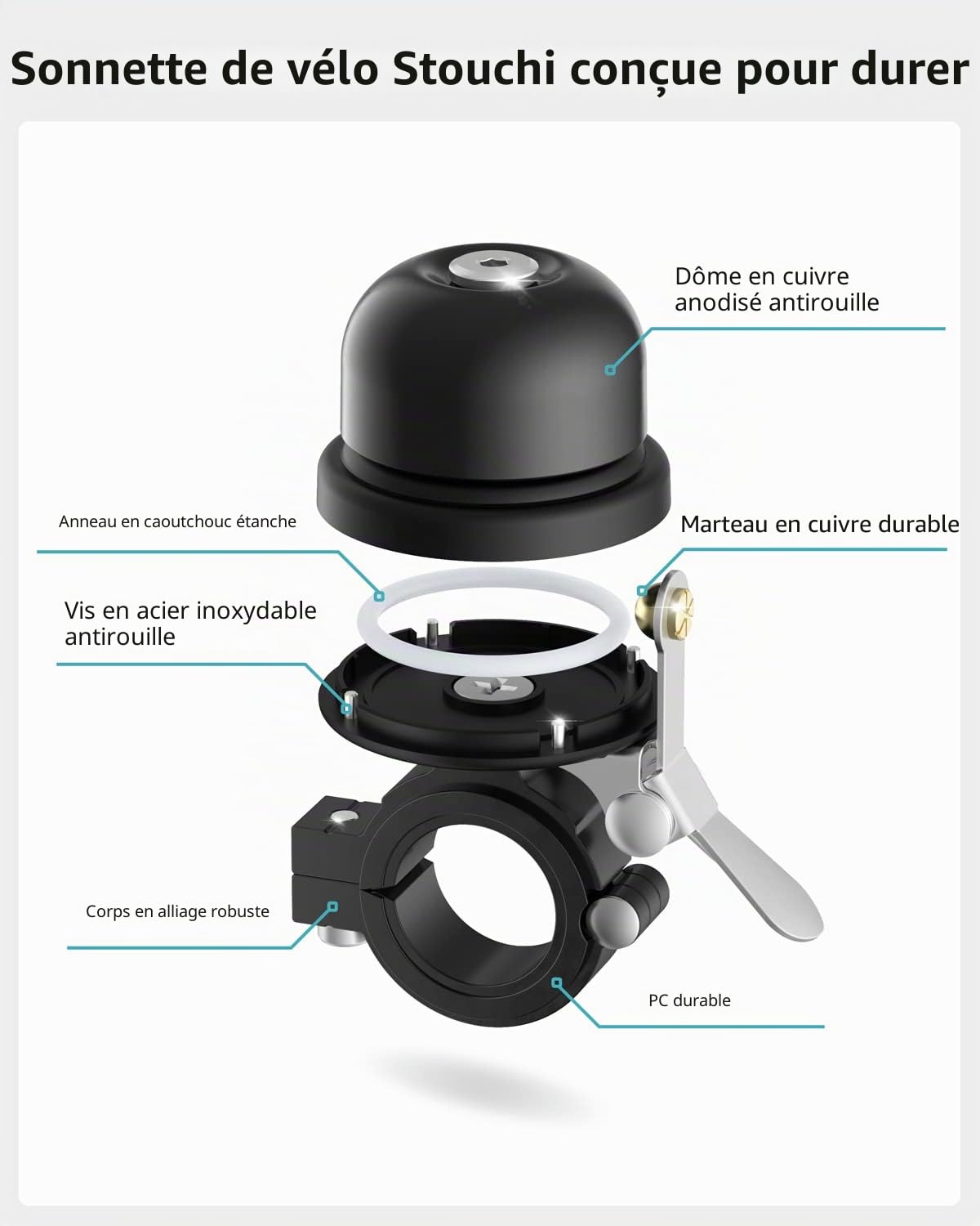 Stouchi Sonnette de vélo pour Apple AirTag - 22 mm-25 mm de diamètre - Antivol caché - Étanche - en Laiton - pour vélo de Route, VTT