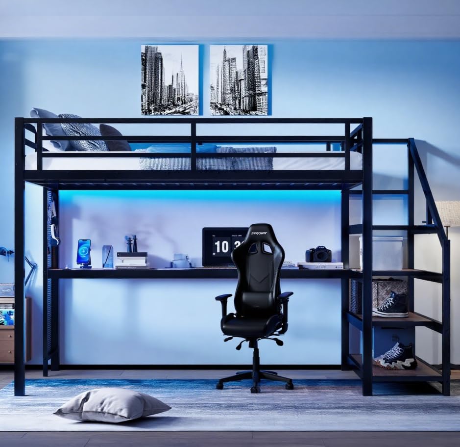 Image of Bellemave Queen Size loft Bed with Storage Stairs, Shelves, Metal Queen Loft Beds with LED Lights, USB Ports, Multifunctional Iron Nets for Adults, Kids, Teens, Black