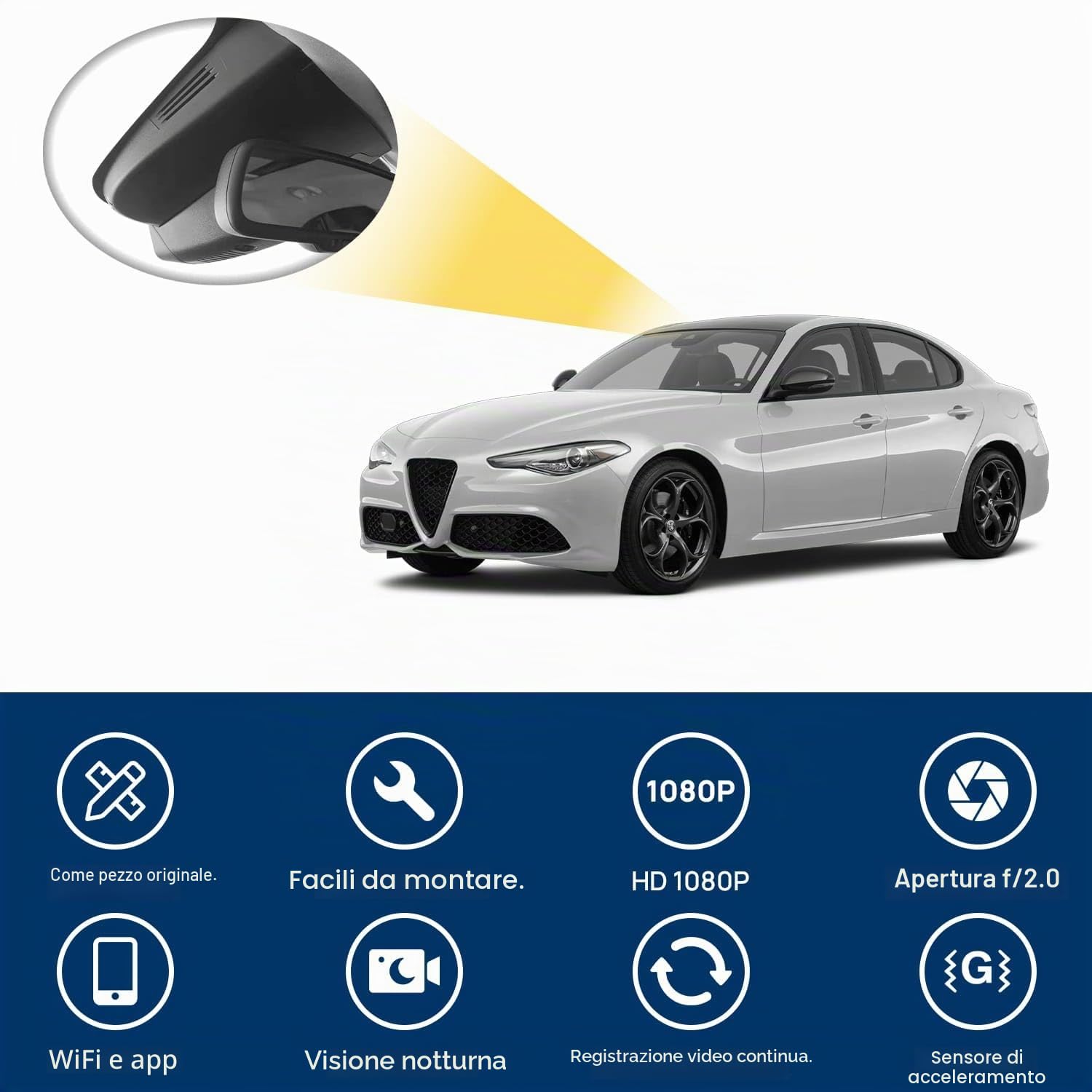 Dash Cam 1080P Wi-Fi per Alfa Romeo Giulia e Stelvio 2017-2024, sensore G, stile OEM, telecamera anteriore, scheda da 64 GB, DVR per auto