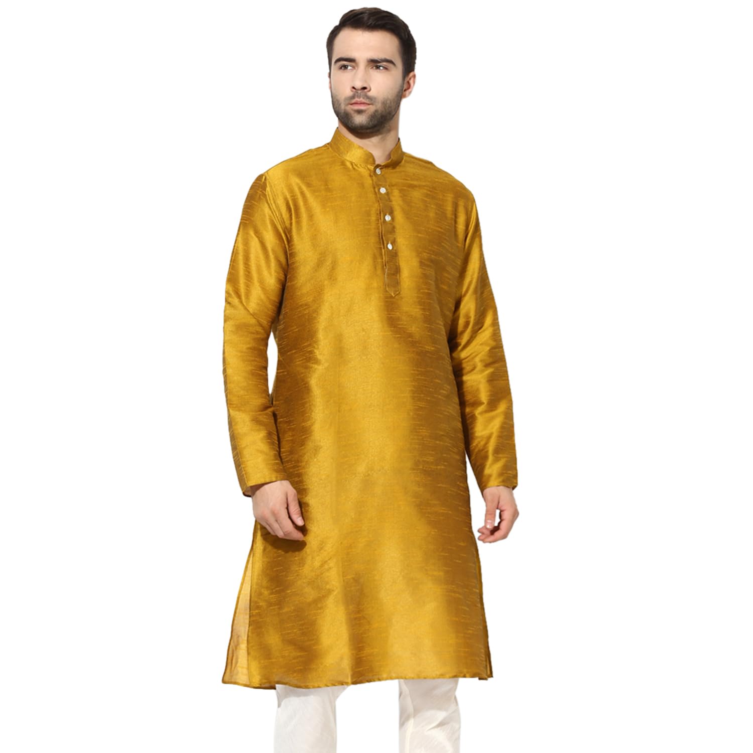 Kisah Mens Kurta, Dupion Silk Solid Mandarin Collar Long Sleeves, Yellow Ethnic Wear For Men, 38