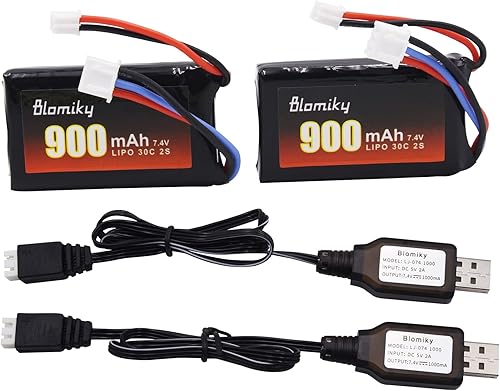 Blomiky Paquete de 2 baterías recargables Lipo de 7.4 V 900 mAh con enchufe PH2.0 y cable de cargador adecuado para camión Axial 1/24 SCX24