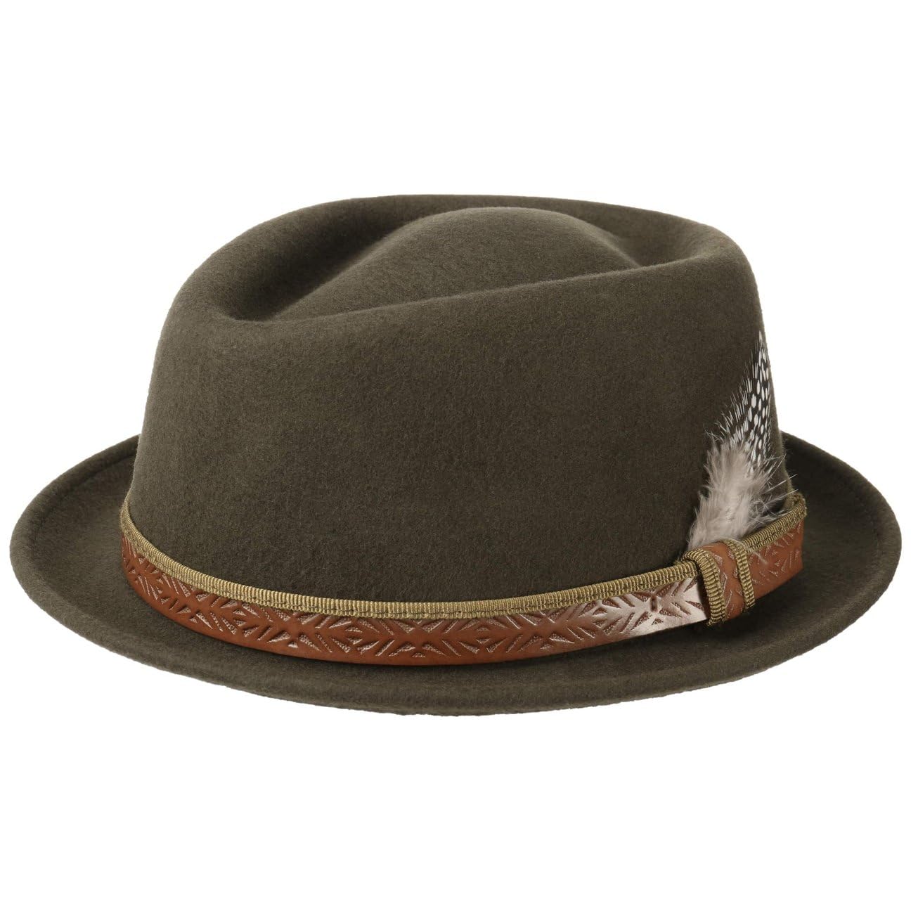 LIERYS Galveston Pork Pie Fedora Wollfilz Filzhut mit Garniturband Federschmuck Damen Herren Made in Italy Sommer Winter